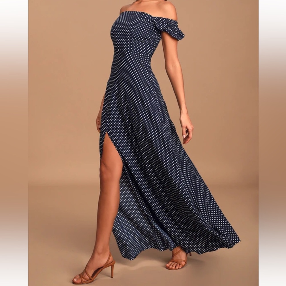 NWT Lulus navy blue polka dot off-the-shoulder maxi